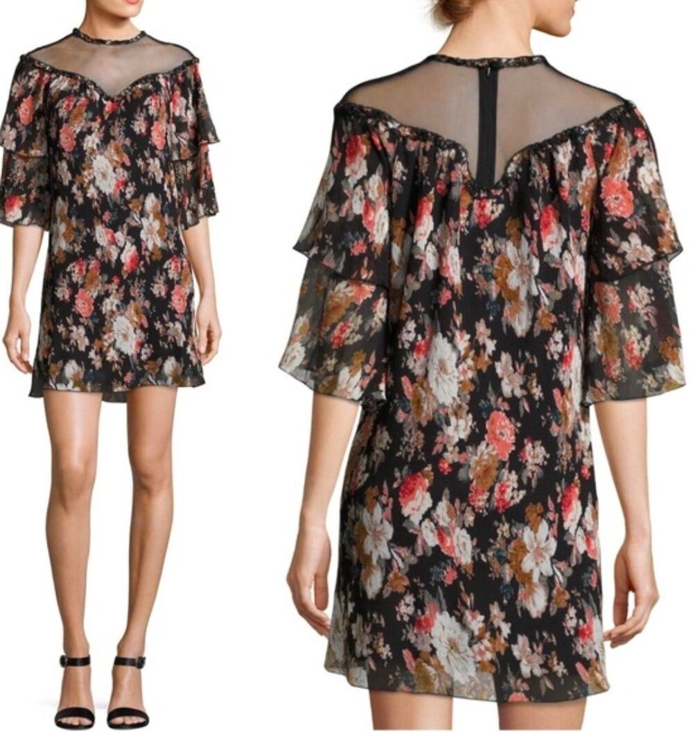 Foxiedox Rosewood Floral Multicolor Ruffle Swing Mini Dress Size Small